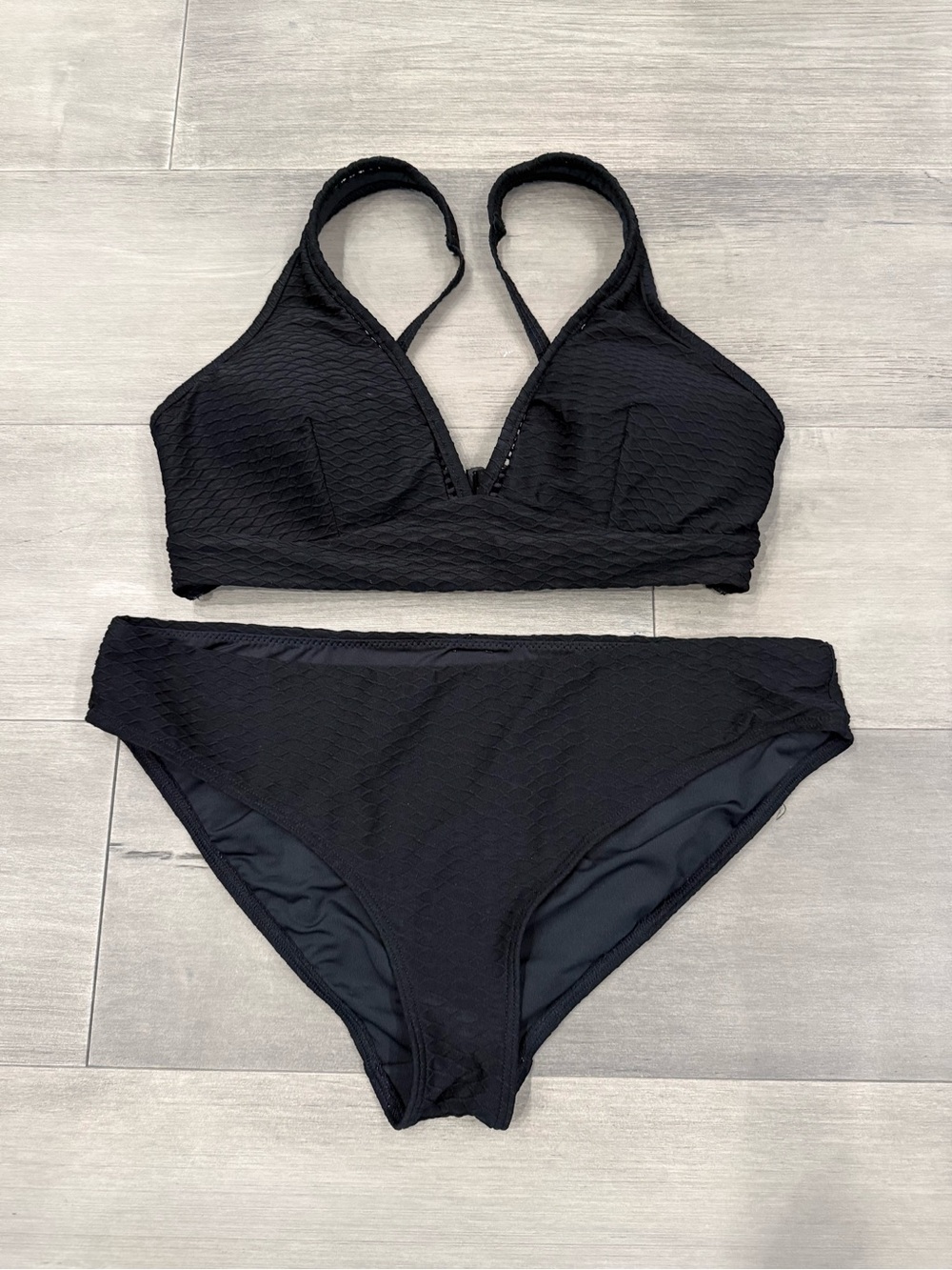 Black Textured V-Neck Bikini Set - Women's Two-Piece Swimwear